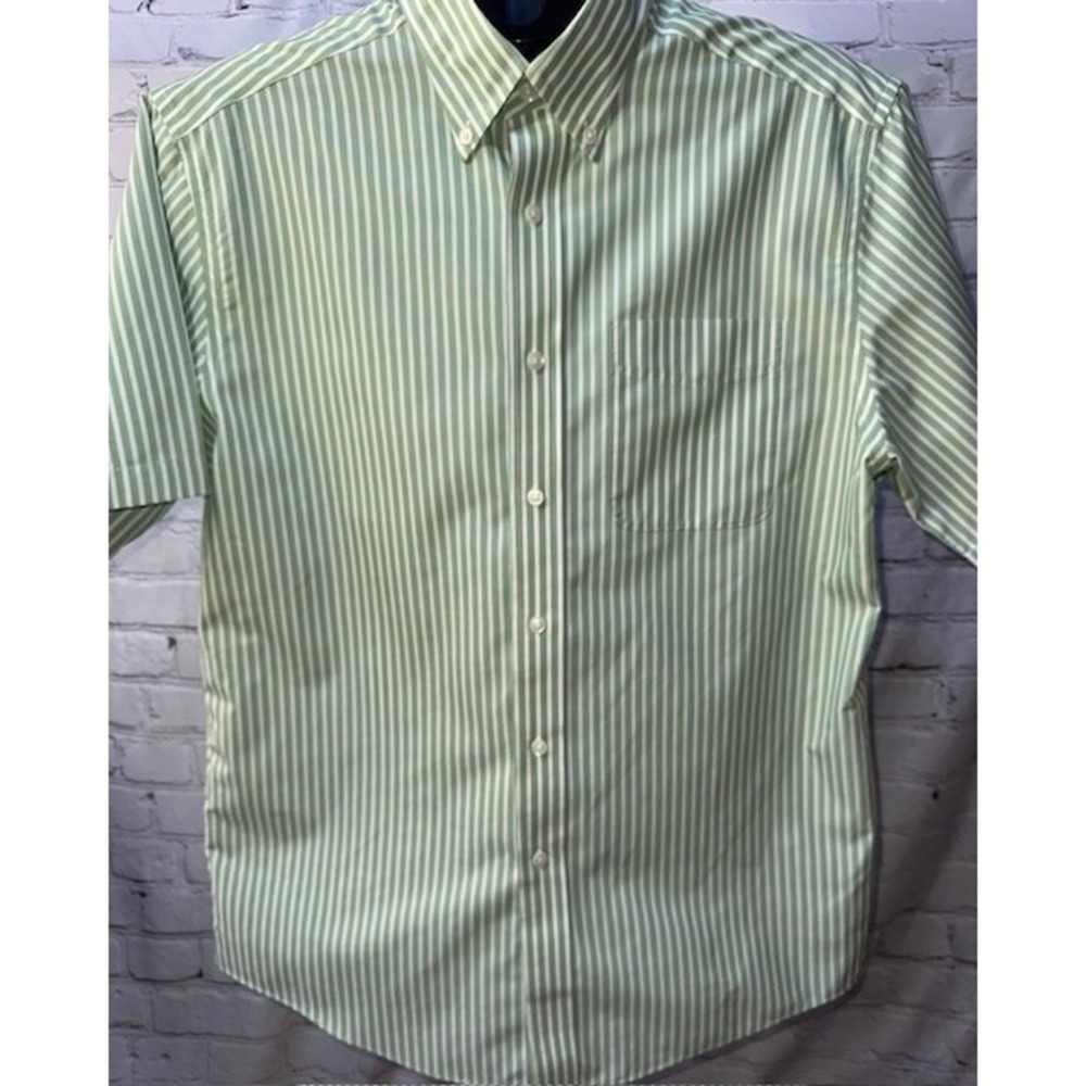 LL Bean Mens Green Striped‎ Short Sleeve Button Shirt Traditional Fit MED